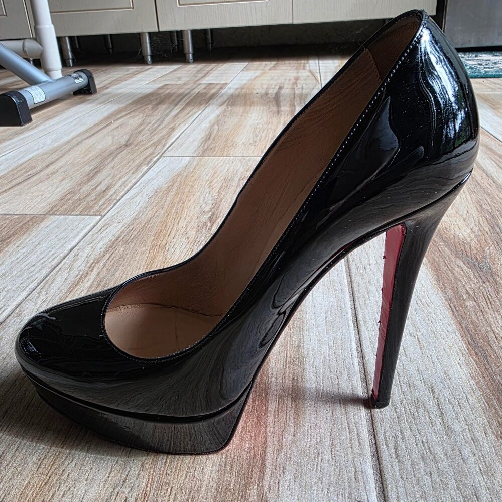 Christian Louboutin Bianca Black Leather Patent Leather Pump 140 Shoe Eur. 38.5